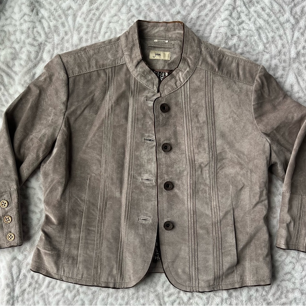 June Suede 100% Leather Jacket Mandarin Collar Pleated Button Up Blazer | Size L